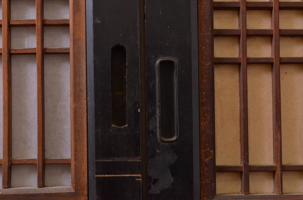 アンティーク建具　和の情緒を演出する障子帯戸4枚セット(引き戸、板戸、格子帯戸、障子戸)(R-072527)