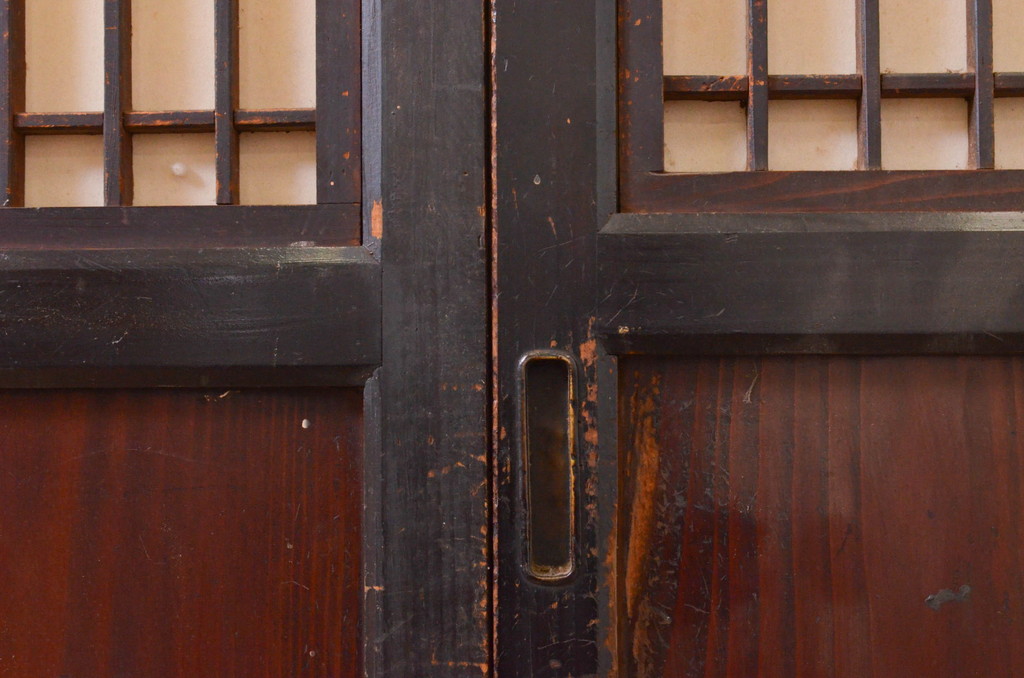 アンティーク建具　上品な和の趣を演出する障子帯戸2枚セット(引き戸、障子戸、格子帯戸)(R-072530)