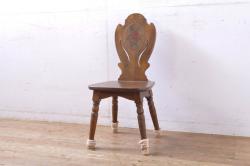 和製ビンテージ　総花梨(カリン)材　象嵌入り　凝ったデザインの彫刻が魅力のアームチェア(一人掛け、ダイニングチェア、椅子、イス、板座チェア、ヴィンテージ)(R-072754)