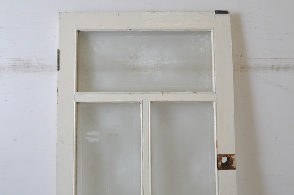 希少!!　イギリスアンティーク!　ペイント仕上げ限定!　カットガラス入りの珍しいペイントドア1枚(エッチングガラス、彫刻ガラス、切子ガラス、英国、玄関ドア、玄関扉、建具)(R-064947)
