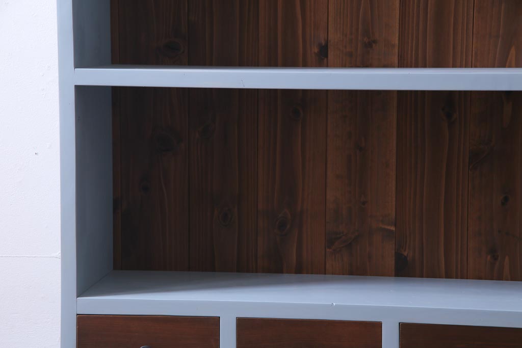 【オーダー注文・受注生産商品】ラフジュ工房オリジナル　ペイント家具　古材使用　くすんだカラーが魅力的な薄型ブックシェルフ(収納棚、本棚、ウッドシェルフ)