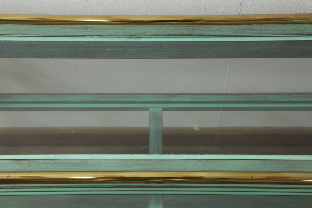 中古　美品　バロッサバレンティ(VARO,S.A. VALENTI)　アルタミラ　グリーンとゴールドの組み合わせが高級感を醸し出すコンソールテーブル(ガラステーブル、ナイトテーブル、飾り棚、陳列棚、店舗什器)(定価約26万円)(R-059565)