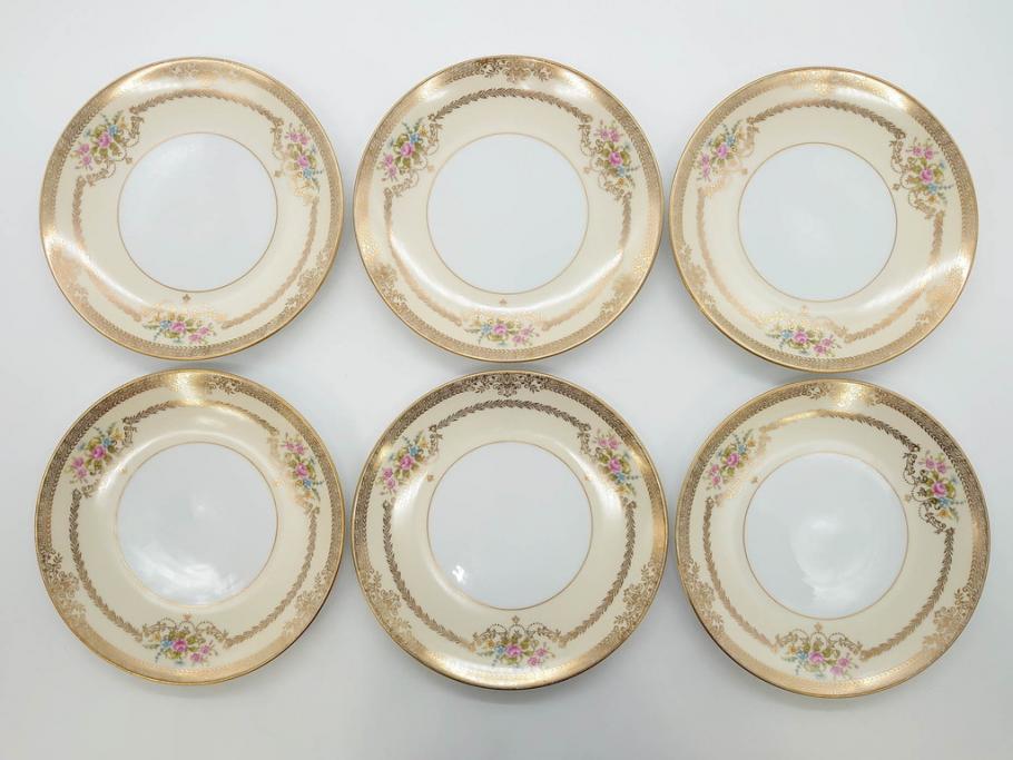 オールドノリタケ　NORITAKE　金彩　繊細なデザインが煌びやかな印象を与えるプレート6枚セット(花、フラワー、皿、洋食器)(R-074121)