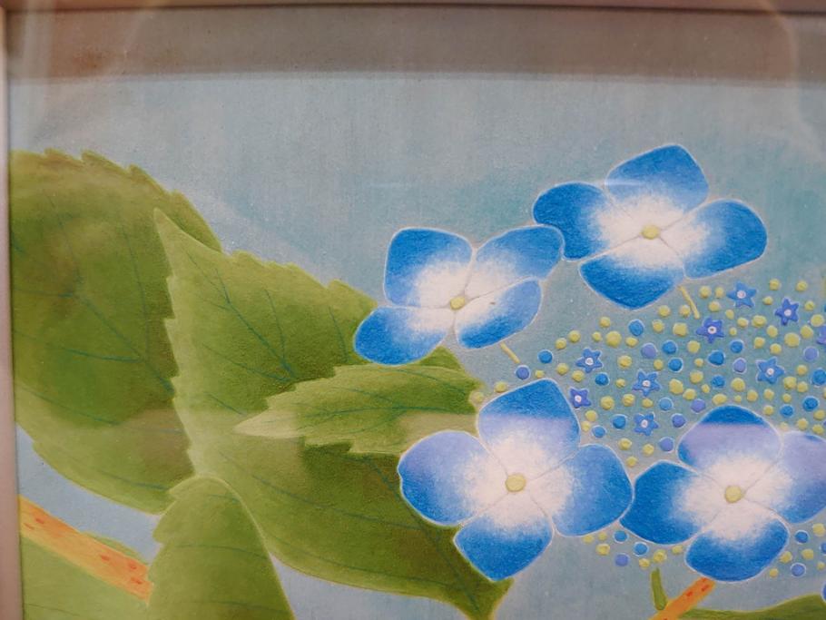 真作　京都　日本画家　井上富夫　「八仙花」(紫陽花、共シール、絵画、額装、箱付き)(R-074568)