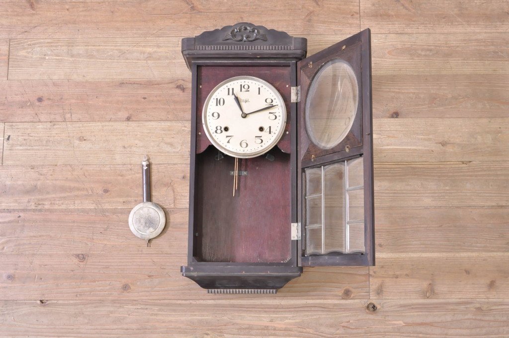 和製アンティーク　Meiji(明治時計社)　昭和レトロな雰囲気溢れる掛け時計(柱時計、古時計、振り子時計)(R-072426)