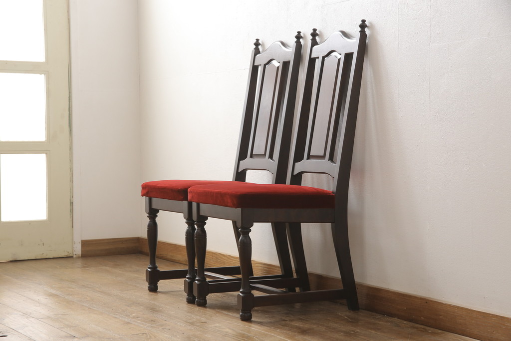 和製ビンテージ　北海道民芸家具　HM640　赤い座面がぱっと目を引く!気品漂う佇まいが魅力的なハイバックチェア(椅子、ダイニングチェア、ワークチェア、ヴィンテージ)(R-055754)