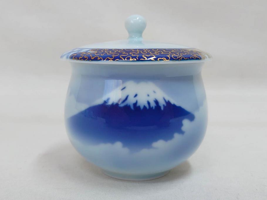 深川製磁　宮内庁御用達　染付　金彩　藍色の濃淡で表現された富士山が美しい汲出揃(汲出碗揃、5客セット、湯呑み、湯のみ、和食器、共箱付き)(R-074614)