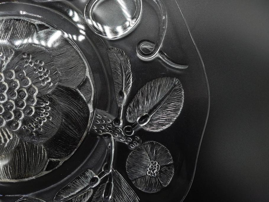 ビンテージ　Nuutajarvi　ヌータヤルヴィ　廃番　Pioni　ピオニ　大胆かつ繊細なデザインに魅了されるプレート&ボウルセット(シール有り、皿、ガラス、ヴィンテージ、北欧食器)(R-074616)