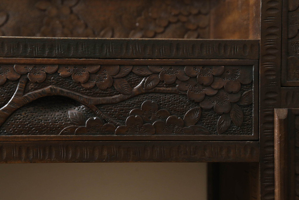 中古　美品　軽井沢彫り　咲き誇る桜の彫刻が美しいドレッサー(鏡台、化粧台、ミラー)(R-073041)