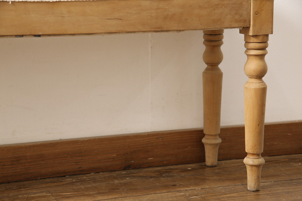 フランスアンティーク　パイン材製　クラシカルなろくろ脚がステキな木製ベンチ(長椅子、イス)(R-056400)