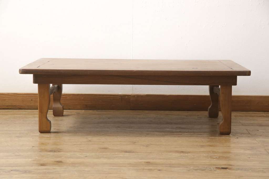 和製アンティーク　総欅(ケヤキ)材　折り畳み式　レトロな佇まいが魅力の座卓(角ちゃぶ台、ローテーブル、センターテーブル、折りたたみテーブル)(R-066372)