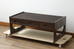 レトロ家具　栓材の木味が魅力の昔懐かしい丸ちゃぶ台(ローテーブル)(R-040285)