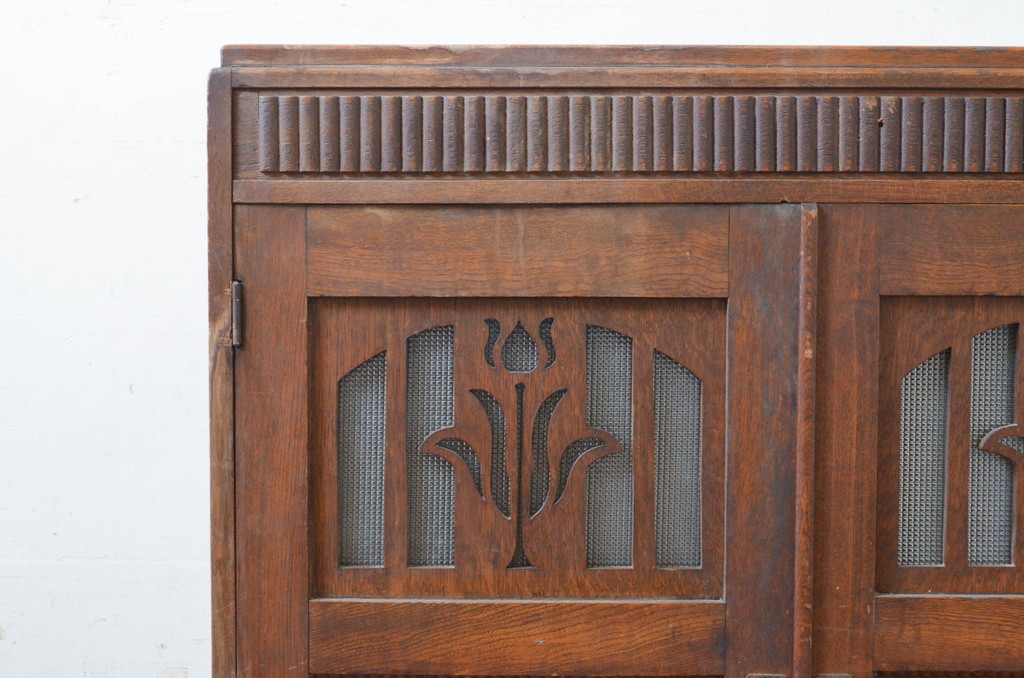 和製アンティーク　ナラ材　象嵌と透かし彫りが素敵な本箱(ブックケース、収納棚、書棚、戸棚)(R-072644)