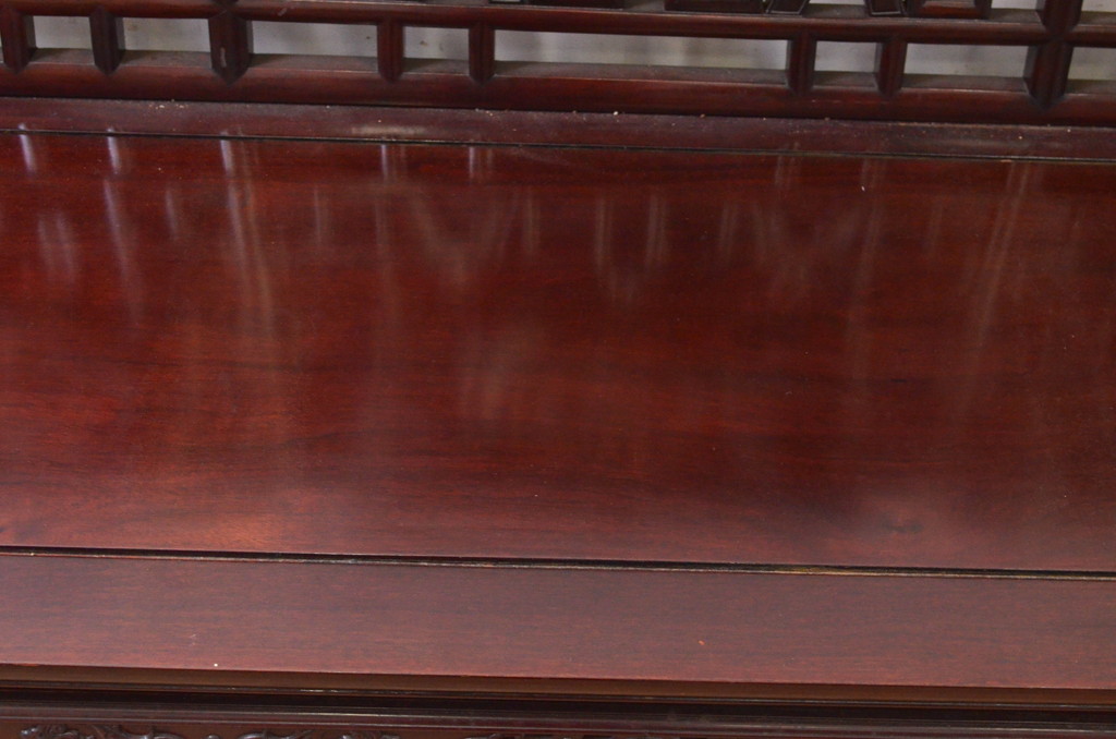 アジアンビンテージ　高級品!!　象嵌入りの凝ったデザインが魅力の唐木材製ベンチ(長椅子、長イス、花梨材、カリン材、板座チェア、3人掛けソファ、3人掛けベンチ、ヴィンテージ)(R-072619)