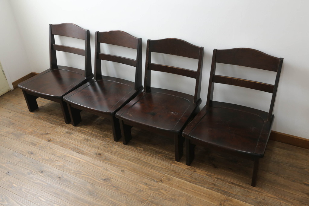 中古　北海道民芸家具　#694高座椅子　希少な絶版品! シックで落ち着いた空間づくりに活躍する高座卓ダイニングセット(ダイニングテーブル、4人掛け、4P、ダイニングチェア、板座チェア、椅子、イス、いす、食卓)(R-074635)