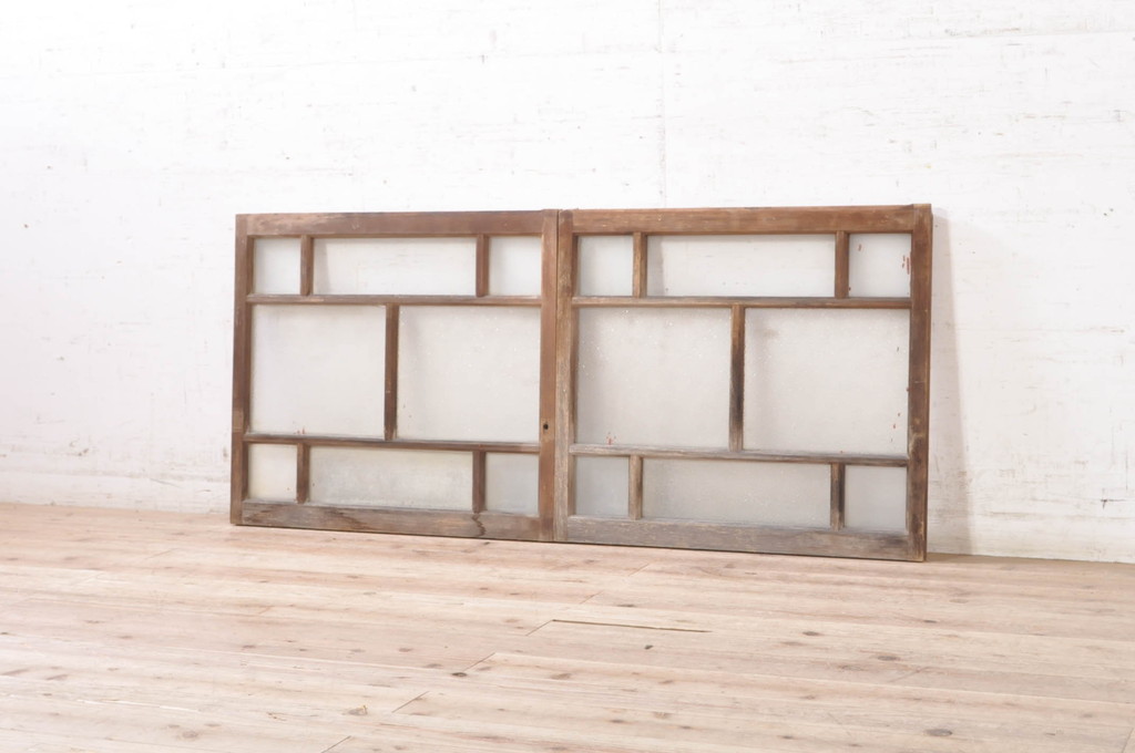 アンティーク建具　大正ロマン　古い木味が魅力のガラス窓2枚セット(引き戸、ガラス戸)(R-073443)