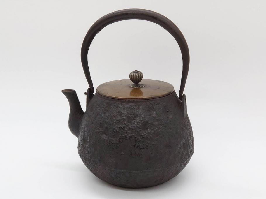 大正〜昭和初期　銀つまみ　重厚感のある佇まいが魅力の鉄瓶(湯沸、湯瓶、茶道具、茶器)(R-074875)