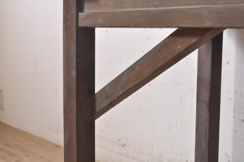和製アンティーク　栗材　古い木味が魅力的な引き出し付き横長作業台(コンソールテーブル、ワークデスク、在宅用、在宅ワーク用)(R-073488)