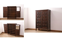 アンティーク家具　レトロ家具　薄型で小振りな収納棚(キャビネット、本棚)(R-040053)