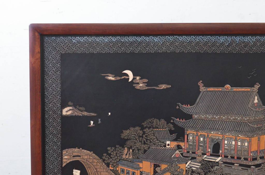 アジアンビンテージ　中国古美術　楓橋夜泊　寒山寺彫刻　清代書家彫刻　繊細な意匠が見事な衝立て(衝い立て、つい立て、間仕切り、パーテーション、ヴィンテージ)(R-072639)