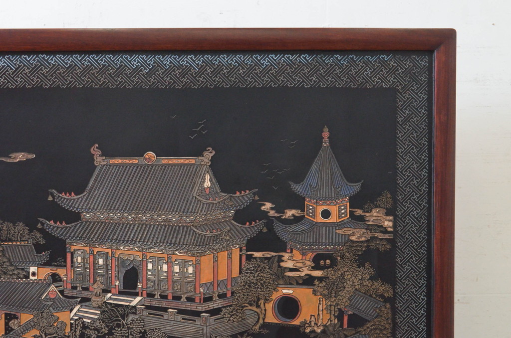 アジアンビンテージ　中国古美術　楓橋夜泊　寒山寺彫刻　清代書家彫刻　繊細な意匠が見事な衝立て(衝い立て、つい立て、間仕切り、パーテーション、ヴィンテージ)(R-072639)