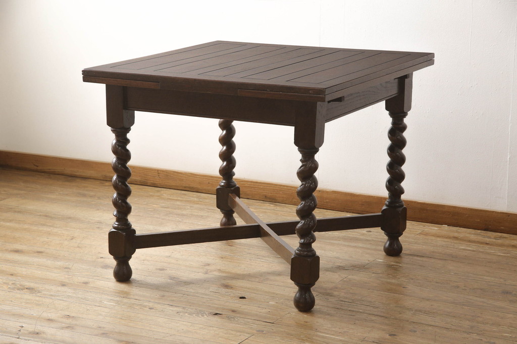 イギリスアンティーク　オーク材　ツイストレッグが特徴的なドローリーフテーブル(ダイニングテーブル、エクステンションテーブル、4人掛け、6人掛け、食卓、英国)(R-066596)
