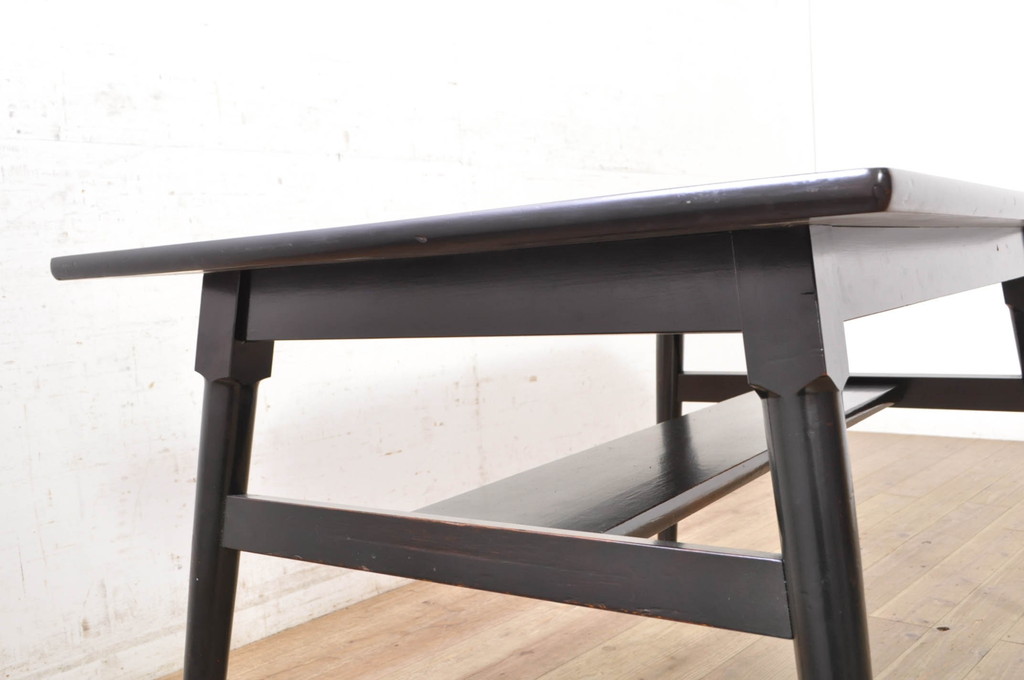 和製ビンテージ　松本民芸家具　塗り直しあり　洗練された佇まいが上品な棚付きダイニングテーブル(食卓、2人掛け、4人掛け、作業台、ヴィンテージ)(R-072857)