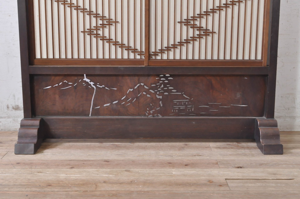 和製アンティーク　総欅(ケヤキ)枠　和の空間を素敵に演出してくれる透かし彫り入りの障子戸付き衝立て(パーテーション、仕切り、衝い立て、つい立て)(R-073649)