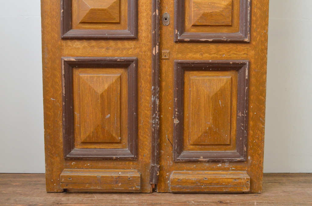 海外アンティーク　ペイント仕上げ限定　かわいいデザインのアイアンフェンス入り両開きドア1対(建具、木製扉、ドア、1対2枚セット)(R-066744)