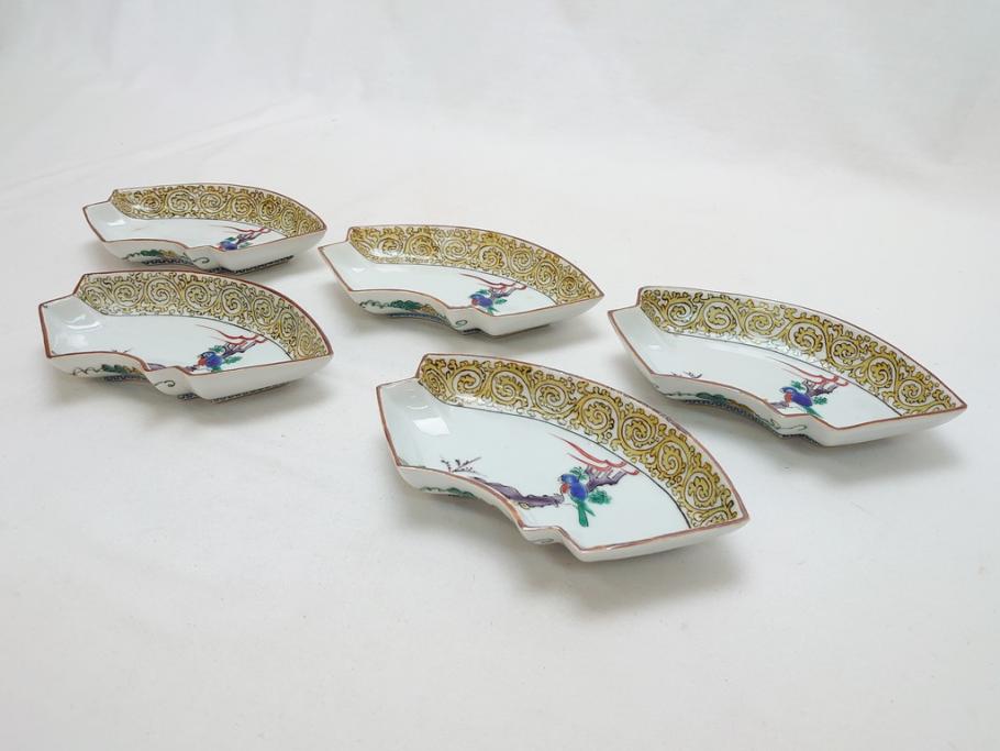 	明治期　九谷焼　二重角福　色絵　木に鳥文　変形皿5枚セット(共箱付き、和皿、和食器)(R-063205)
