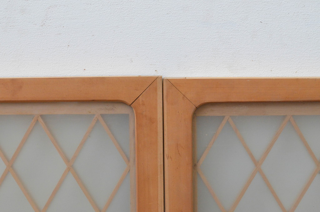 アンティーク建具　上質な和の空間を演出する両面ガラス入りの組子窓2枚セット(ガラス窓、ガラス戸、格子戸、引き戸)(R-068019)