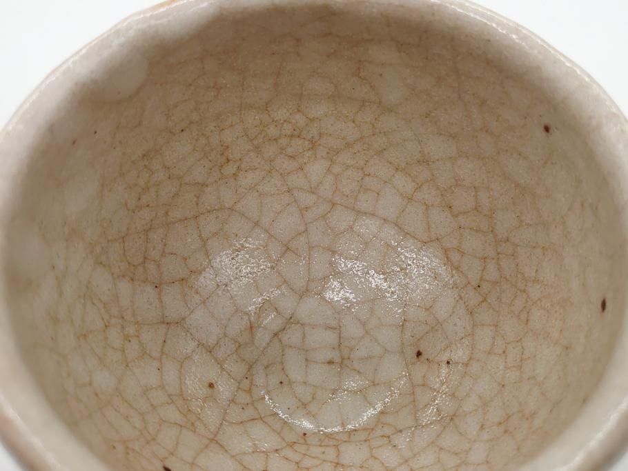 志野焼　在銘茶碗　4.2寸　約13cm(共箱付き、抹茶碗、作家不明、○明作、四寸二分、和食器)(R-062573)