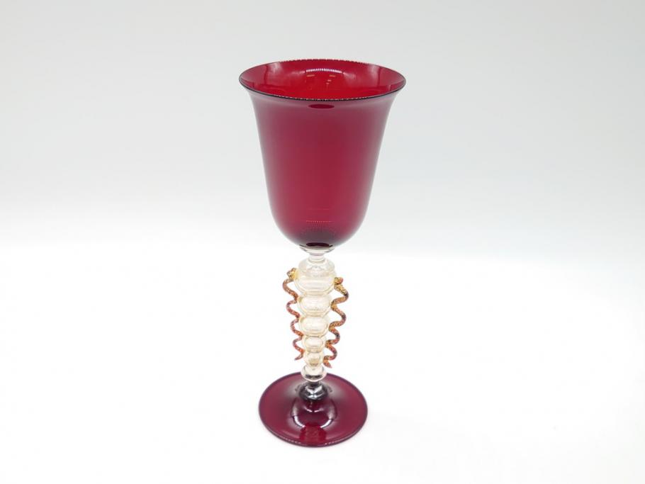 ムラーノ ベネチアンガラス ワイングラス2客ペア　赤・青　金彩・花柄立体装飾