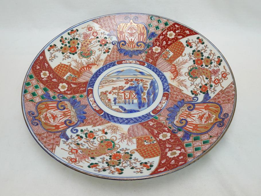 江戸期　古伊万里　色絵　山水　花　獅子　1尺5寸　約47cm　大皿(共箱付き、和食器、和皿、一尺五寸)(R-063934)