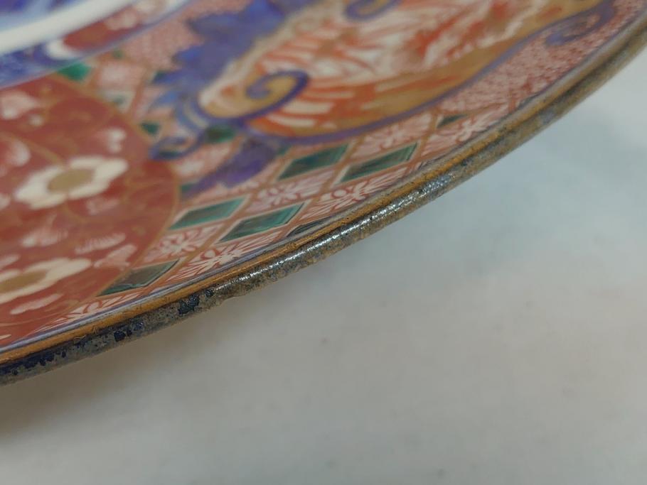 江戸期　古伊万里　色絵　山水　花　獅子　1尺5寸　約47cm　大皿(共箱付き、和食器、和皿、一尺五寸)(R-063934)