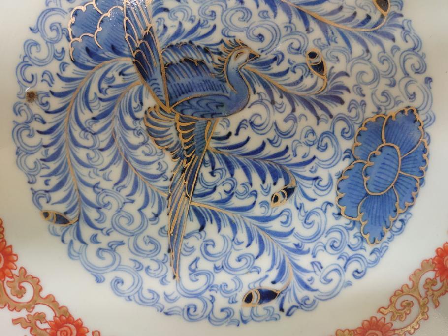 江戸期　太明成化年製　上手物　古伊万里　色絵　染付　鳳凰　1尺5寸　約46cm　大皿(和皿、和食器、一尺五寸)(R-063947)