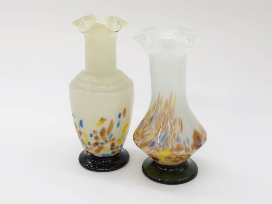 昭和レトロ 戦前 大正 可愛らしいデザインの古いマーブルガラス花瓶2個セット(フリル、色被せ、一輪挿し、花入、花器、硝子、吹きガラス)(R-075906)  | ラフジュ工房