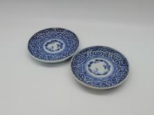 レトロ雑貨　昭和中期　乳白縁がかわいらしいプレスガラスの鉢2個(深皿、和食器)(R-043517)