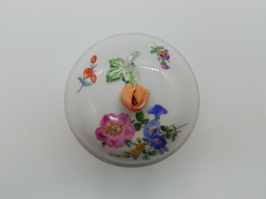 ドイツ　マイセン　Meissen　ベーシックフラワー　三つ花　優雅で華やかなシュガーポット(蓋物、西洋陶磁器)(R-061784)
