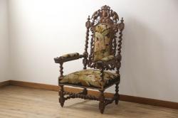 ベルギーアンティーク　オーク材　素晴らしい彫刻デザインが魅力!!豪華なゴブラン織りアームチェア(ダイニングチェア、ハイバックチェア、椅子、イス)(R-066251)