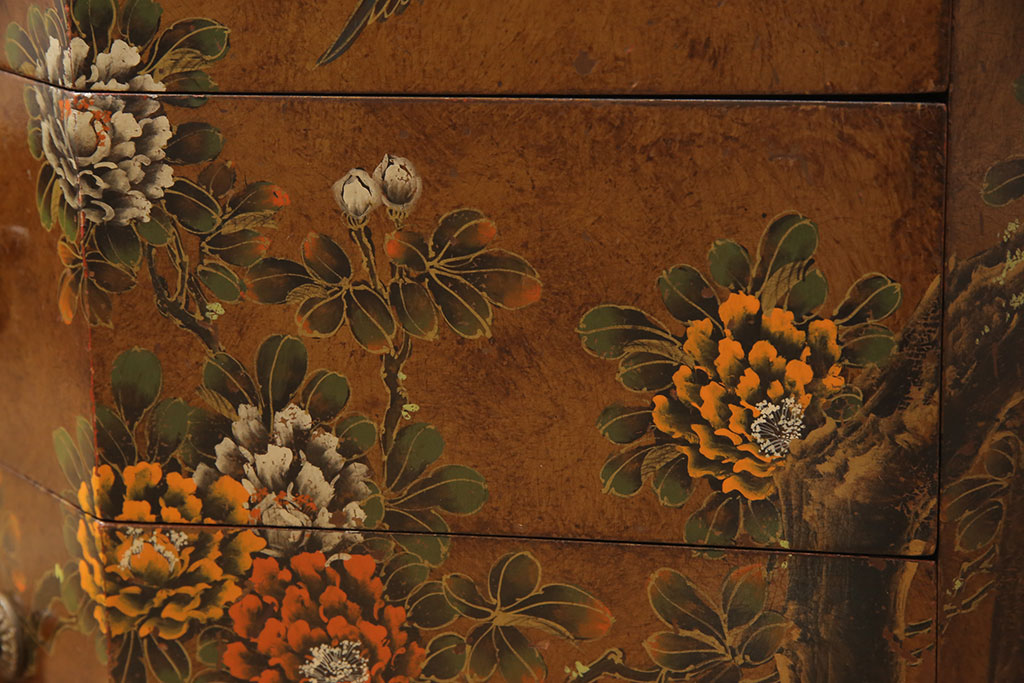 ビンテージ家具　繊細な絵柄と凝ったつくりが目を引くシノワズリ様式のサイドチェスト(ヴィンテージ、引き出し、サイドテーブル)(R-052185)