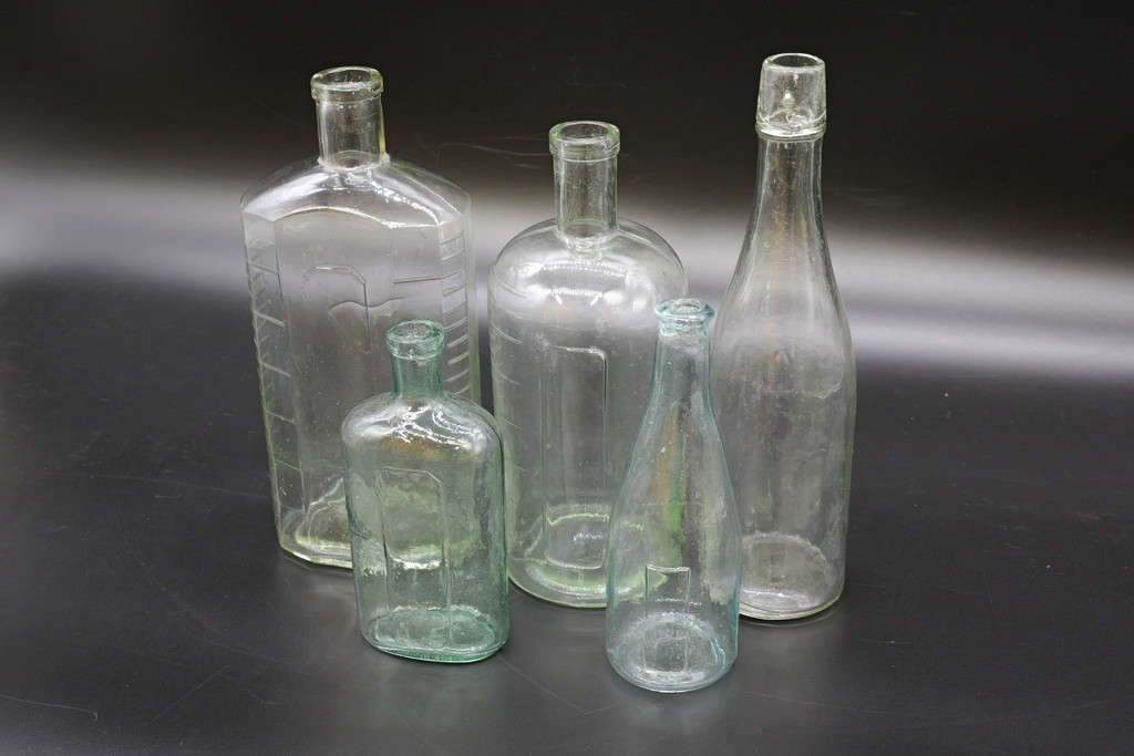 大正～昭和初期 お洒落なディスプレイに活躍するガラス瓶5点セット(ボトル、ガラスビン、硝子、薬瓶、花瓶、花入、花器)(R-076307) |  ラフジュ工房