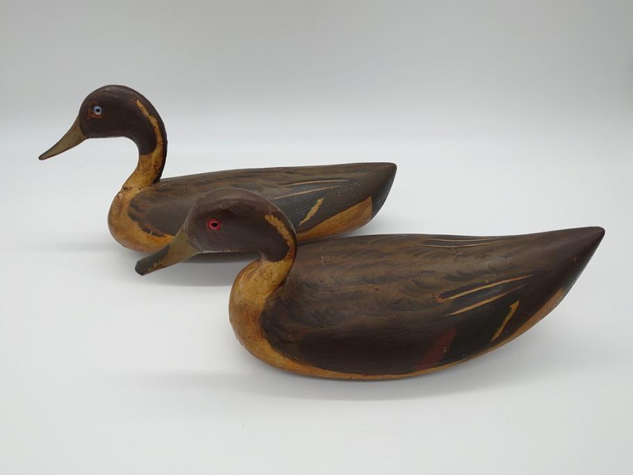 1940年代　フランス　つぶらな瞳が可愛らしい木製デコイ2羽セット(つがい、鴨、置物、置き物、模型、ディスプレイ、インテリア)(R-061887)