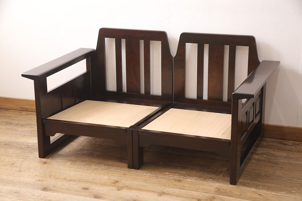 和製ビンテージ　北海道民芸家具　シックな大人空間におすすめの2人掛けソファ(2P、二人掛け、アームソファ、ヴィンテージ)(R-052113)