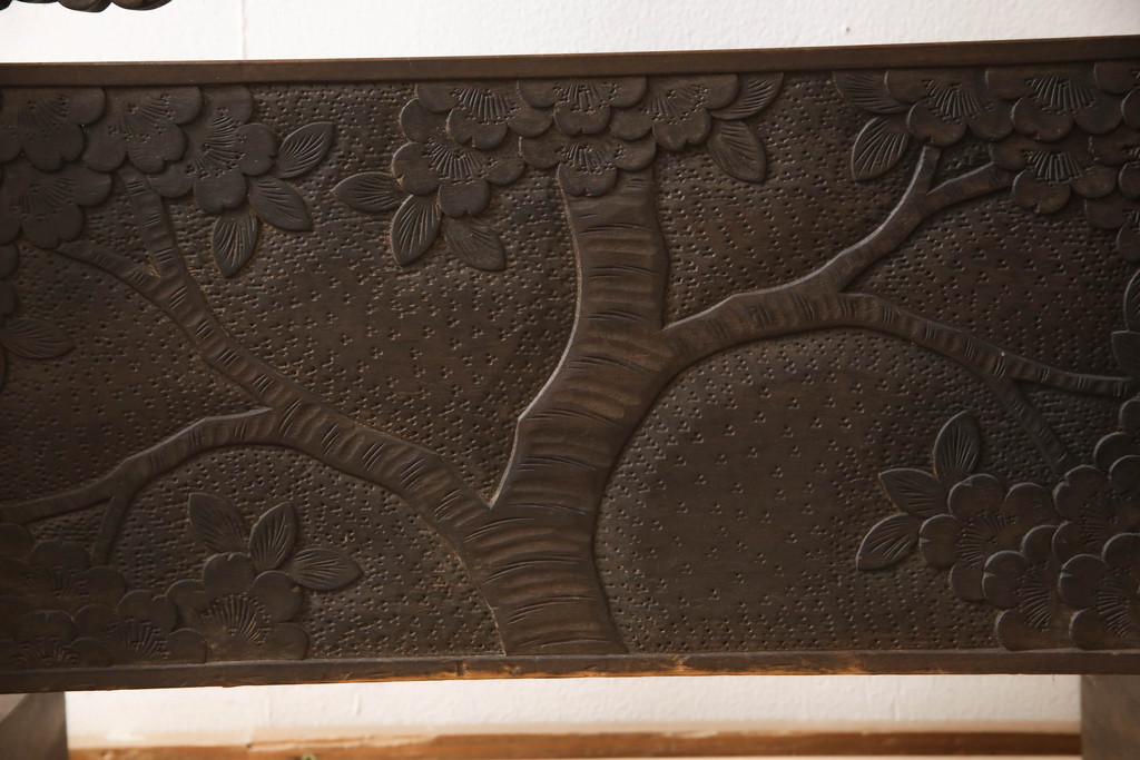  和製ビンテージ　伝統工芸　軽井沢彫り　咲き誇る桜の彫刻が美しいスタンドミラー(姿見、鏡、ヴィンテージ)(R-068685)
