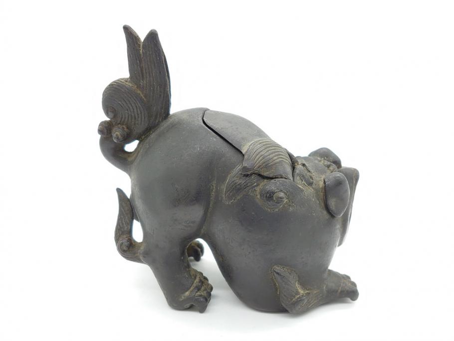 古玩　古銅　香炉　意匠を凝らした彫刻が見事な獅子2体(大、小)(置物、ディスプレイ、仏具、中国?)(R-062139)
