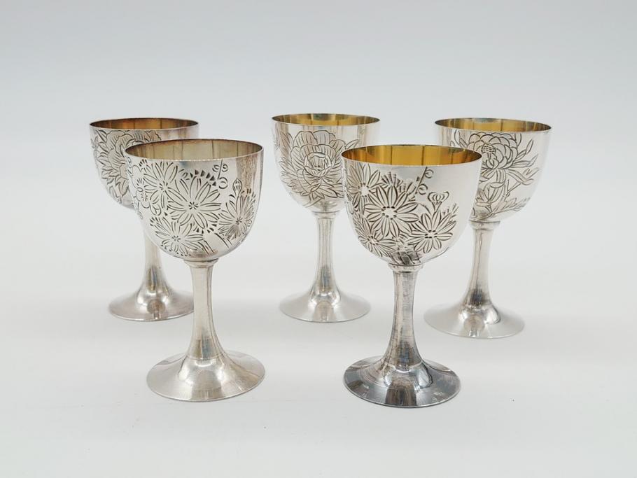 純銀　彫金　銀林　銀盃　一つ一つ丁寧な花の彫金が施されたリキュールグラス5客セット(酒器、脚付コップ)(R-062140)