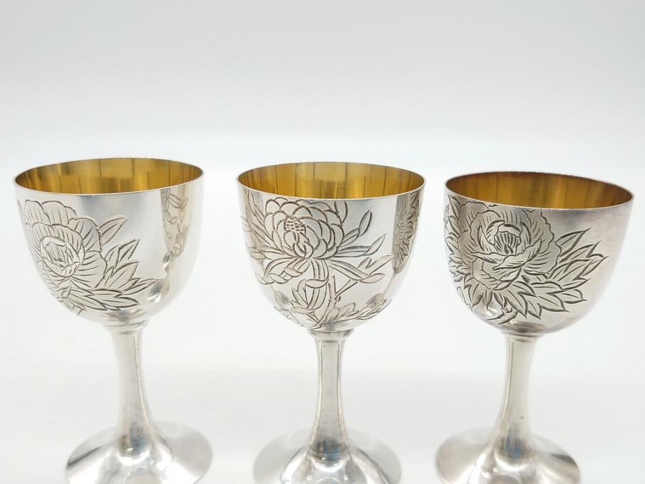 純銀　彫金　銀林　銀盃　一つ一つ丁寧な花の彫金が施されたリキュールグラス5客セット(酒器、脚付コップ)(R-062140)