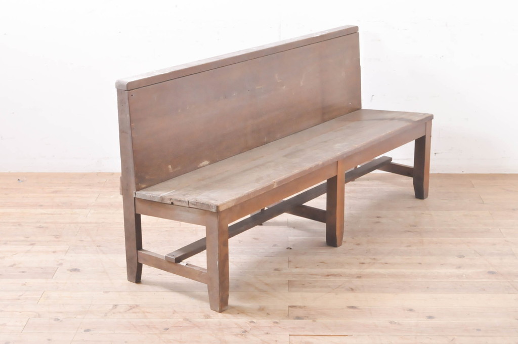 和製アンティーク　レトロな佇まいが魅力の木製ベンチ(長椅子、長イス、板座チェア、2人掛け、3人掛け)(R-066866)