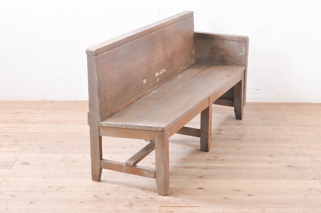 和製アンティーク　レトロな佇まいが魅力の木製ベンチ(長椅子、長イス、板座チェア、2人掛け、3人掛け)(R-066867)